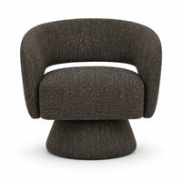 A modern barrel-style accent chair upholstered in a textured charcoal gray fabric, shown from a front-facing perspective on a clean white background.
