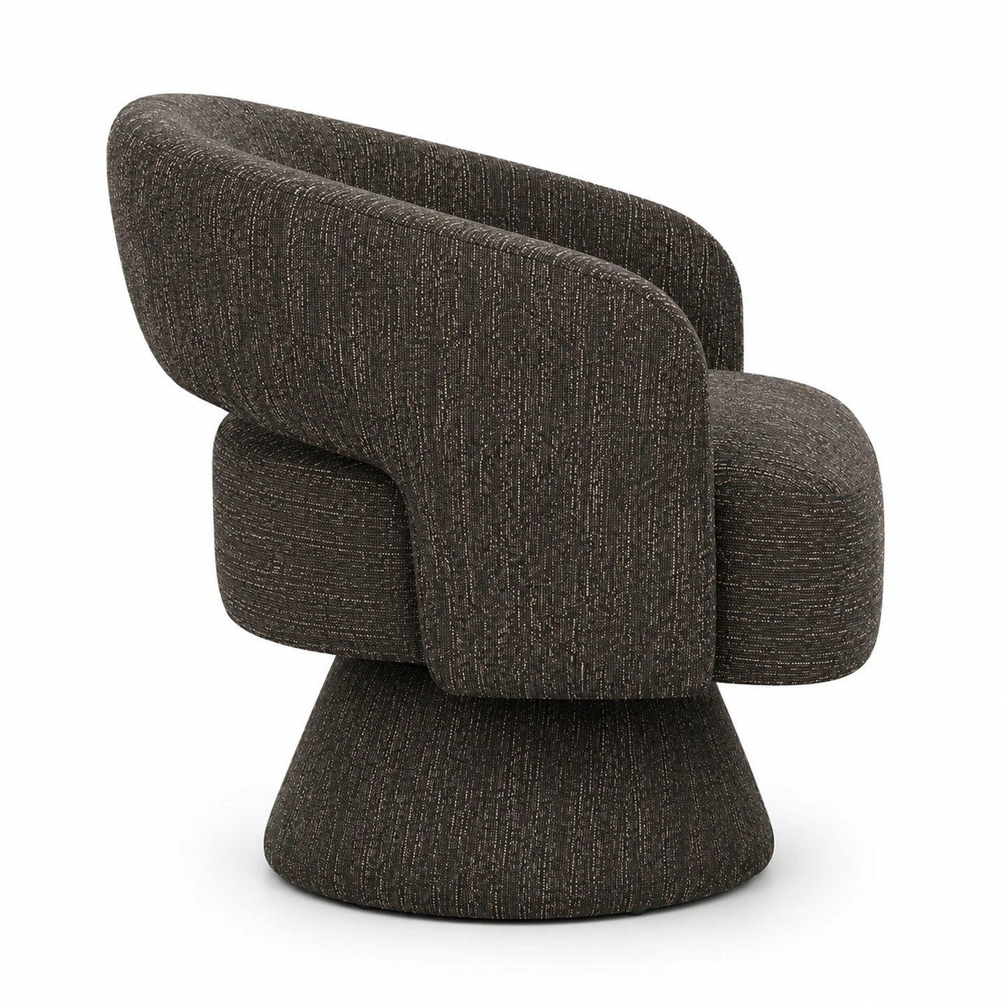 A modern sculptural accent chair upholstered in a textured charcoal gray fabric, shown from a three-quarters angle against a plain white background.
