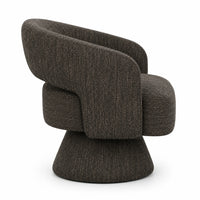 A modern sculptural accent chair upholstered in a textured charcoal gray fabric, shown from a three-quarters angle against a plain white background.