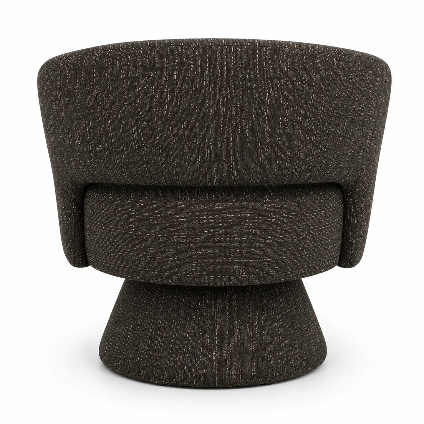 A modern barrel-style armchair upholstered in a dark charcoal gray textured fabric, shown from the back against a plain white background.