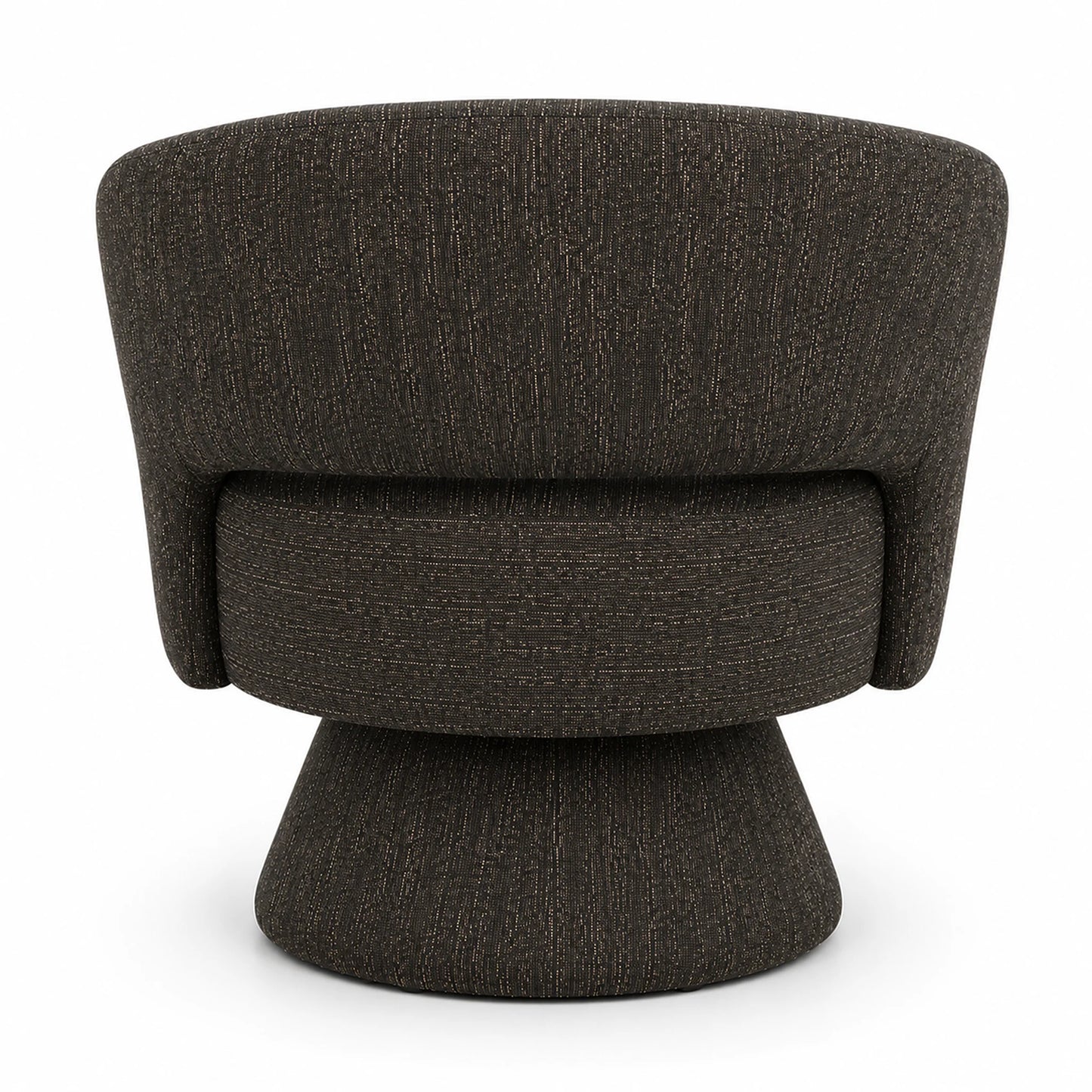 A modern barrel-style armchair upholstered in a dark charcoal gray textured fabric, shown from the back against a plain white background.