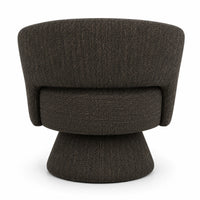 A modern barrel-style armchair upholstered in a dark charcoal gray textured fabric, shown from the back against a plain white background.