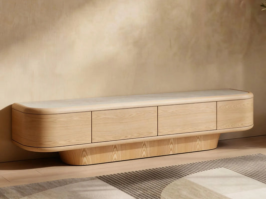 Byron 200cm Taj Mahal ceramic and natural ash veneer TV unit – front view