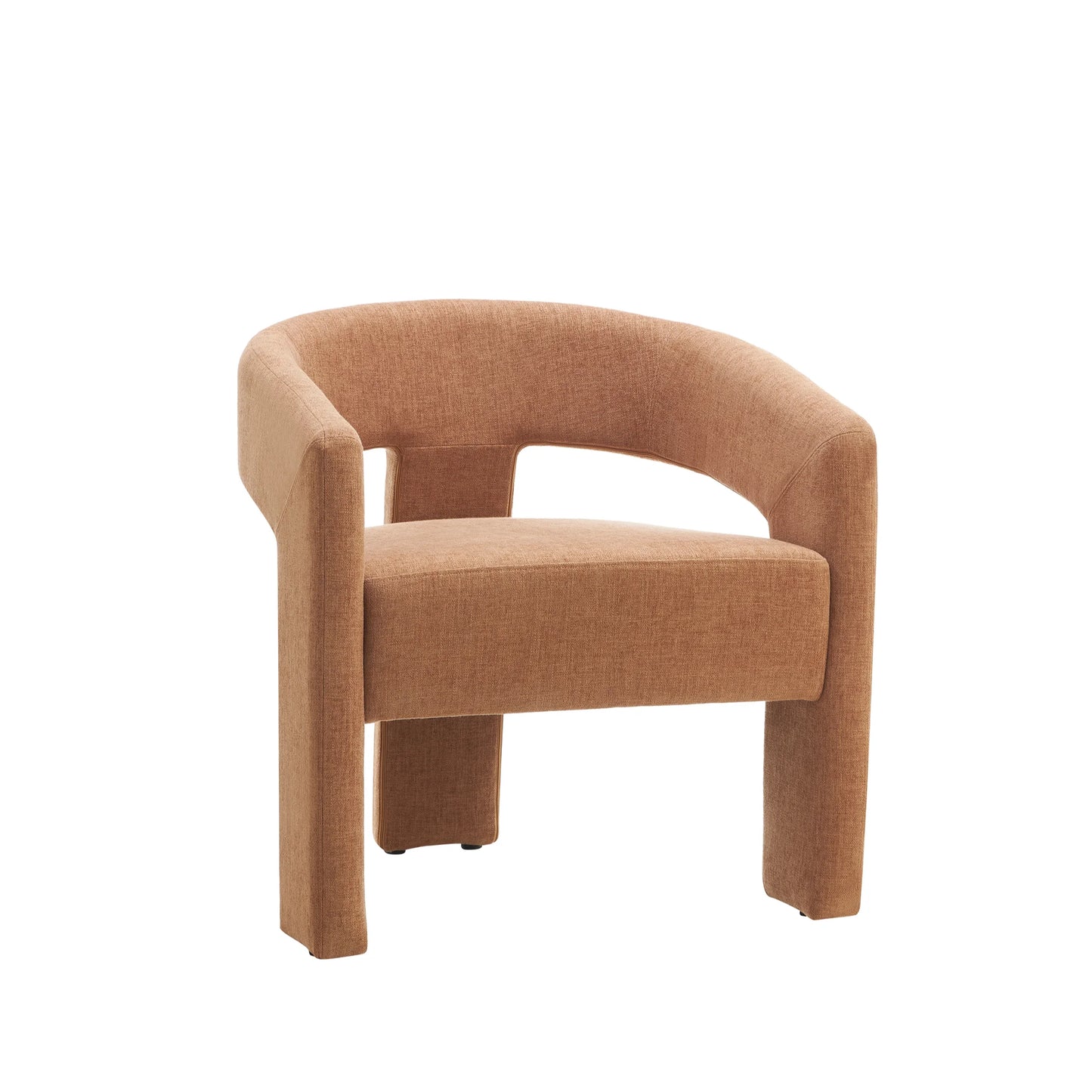 A modern barrel-style accent chair upholstered in a warm tan textured fabric
