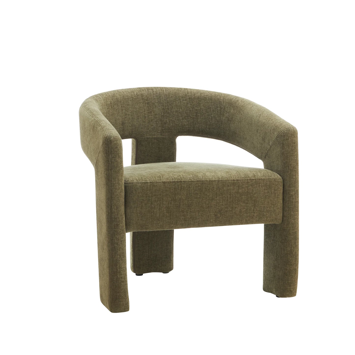 A modern barrel-style armchair upholstered in textured olive green fabric