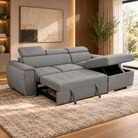 Capri Grey 2 seater sofa bed with storage chaise, adjustable headrests and contemporary fabric upholstery, angled front view