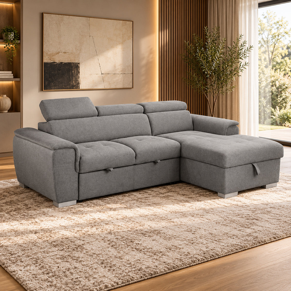 Capri Grey 2 seater sofa bed with storage chaise, adjustable headrests and contemporary fabric upholstery, angled front view