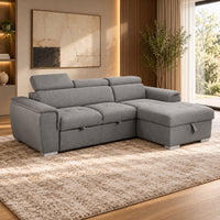 Capri Grey 2 seater sofa bed with storage chaise, adjustable headrests and contemporary fabric upholstery, angled front view