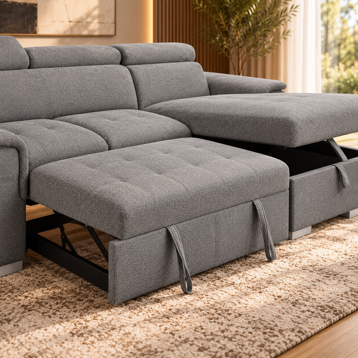 Capri Grey 2 seater sofa bed with storage chaise, adjustable headrests and contemporary fabric upholstery, angled close up view