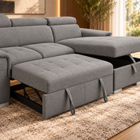 Capri Grey 2 seater sofa bed with storage chaise, adjustable headrests and contemporary fabric upholstery, angled close up view