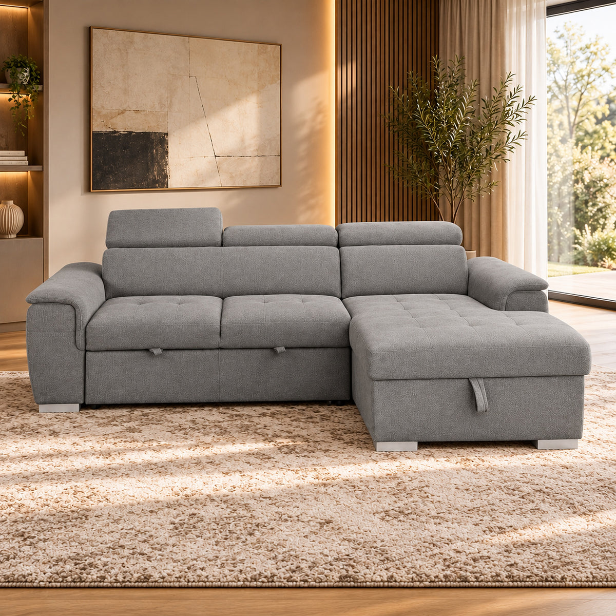 Capri Grey 2 seater sofa bed with storage chaise, adjustable headrests and contemporary fabric upholstery, front view