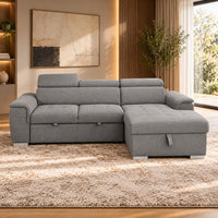 Capri Grey 2 seater sofa bed with storage chaise, adjustable headrests and contemporary fabric upholstery, front view