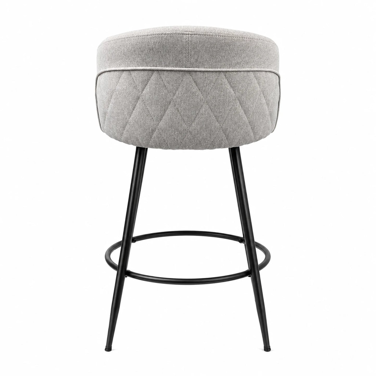 A round upholstered bar stool with a light gray quilted fabric cushion and slim black metal legs, shown against a plain white background.