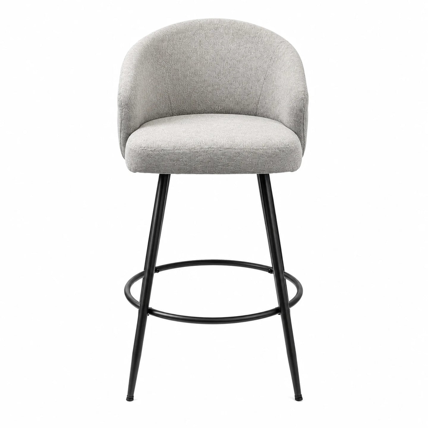 A modern bar stool with a light gray upholstered seat and curved backrest, supported by slim black metal legs and a circular footrest, shown against a plain white background.