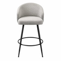 A modern bar stool with a light gray upholstered seat and curved backrest, supported by slim black metal legs and a circular footrest, shown against a plain white background.