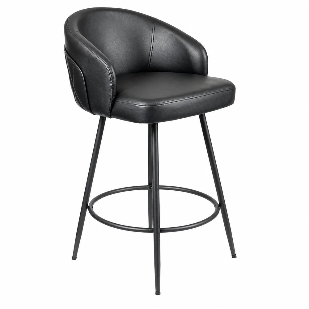 Black faux leather swivel barstool with a curved backrest, padded seat, and metal four-leg base with a footrest ring, shown on a white background.