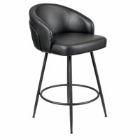 Black faux leather swivel barstool with a curved backrest, padded seat, and metal four-leg base with a footrest ring, shown on a white background.