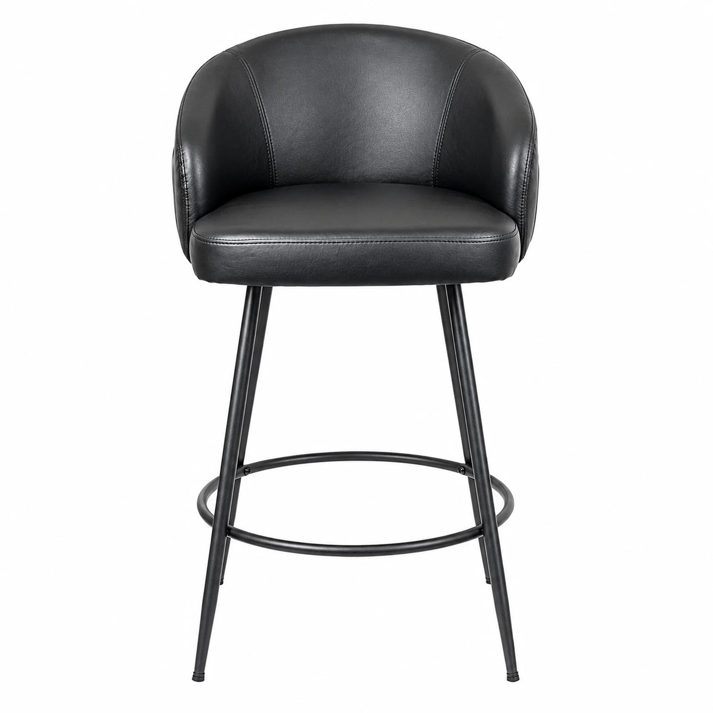 A modern bar stool with a black faux leather upholstered seat and curved backrest, supported by a slim black metal frame with a footrest ring, shown against a plain white background.