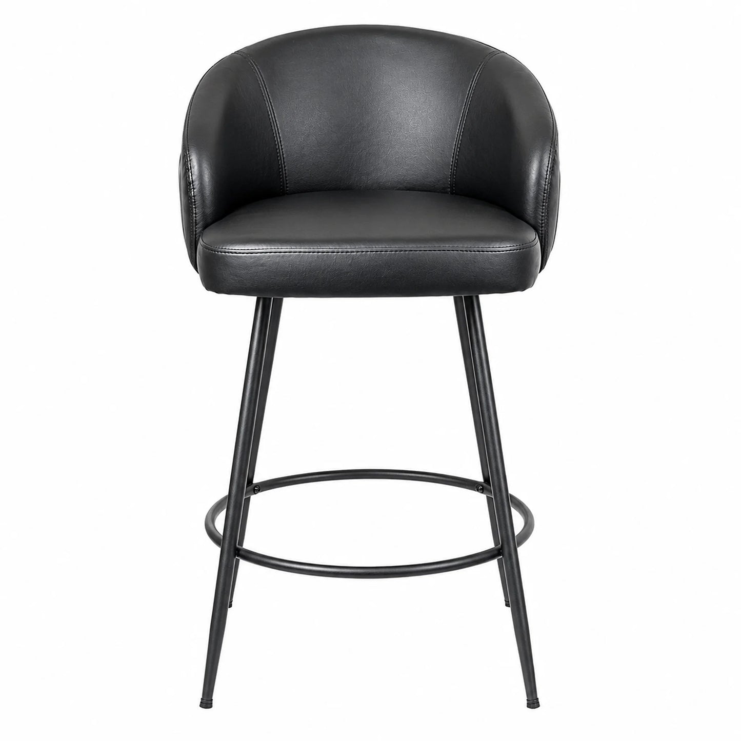 A modern bar stool with a black faux leather upholstered seat and curved backrest, supported by a slim black metal frame with a footrest ring, shown against a plain white background.