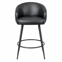 A modern bar stool with a black faux leather upholstered seat and curved backrest, supported by a slim black metal frame with a footrest ring, shown against a plain white background.