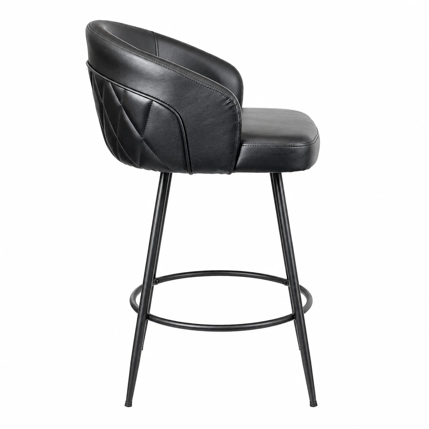 A modern black faux leather swivel barstool with a curved backrest, quilted stitching details, and a black metal footrest ring on thin legs, shown against a plain white background.