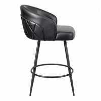 A modern black faux leather swivel barstool with a curved backrest, quilted stitching details, and a black metal footrest ring on thin legs, shown against a plain white background.