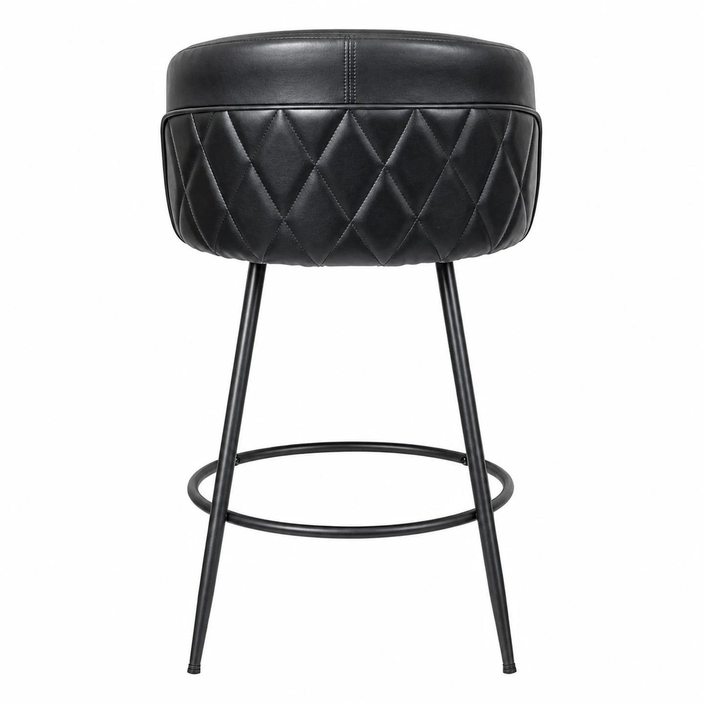 A modern bar stool with a black faux leather cushioned seat featuring a diamond-quilted pattern on the lower half, supported by slim black metal legs and a circular footrest, shown against a plain white background.