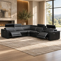 Centara black leather 5 seater modular corner electric recliner with centre console, cup holders and adjustable headrests