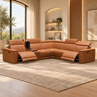 Centara black leather 5 seater modular corner electric recliner with centre console, cup holders and adjustable headrests