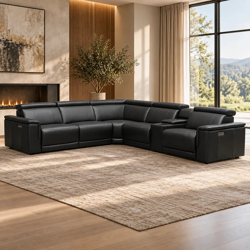 Centara black leather 5 seater modular corner electric recliner with centre console