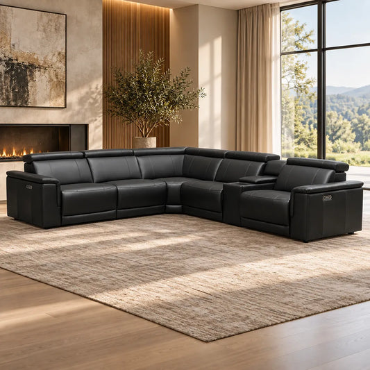 Centara black leather 5 seater modular corner electric recliner with centre console