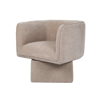 A modern barrel-style armchair upholstered in a textured taupe fabric, featuring a low block base, shown against a plain white background.