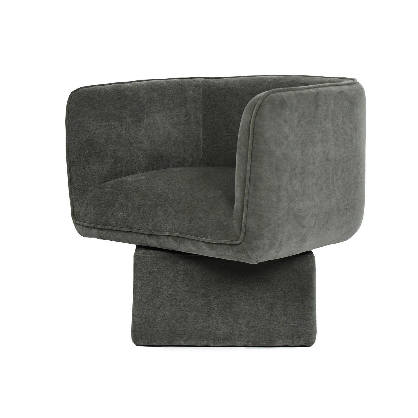 A modern dark gray velvet armchair with a square backrest and a matching square pedestal base, shown against a plain white background.