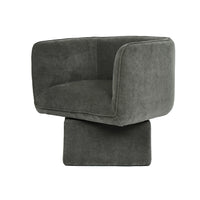 A modern dark gray velvet armchair with a square backrest and a matching square pedestal base, shown against a plain white background.