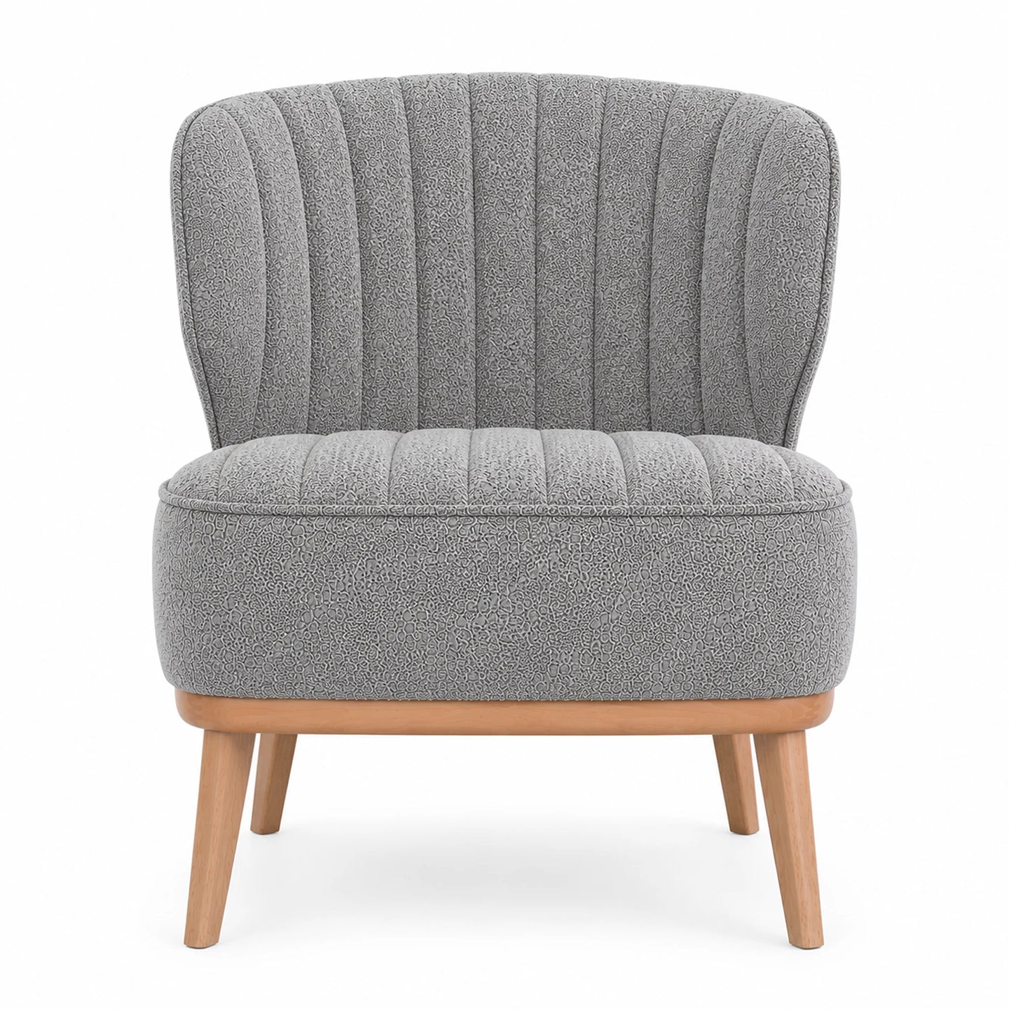 A modern gray upholstered accent chair with a vertically channel-tufted backrest and seat, supported by light natural wood legs, shown against a plain white background.