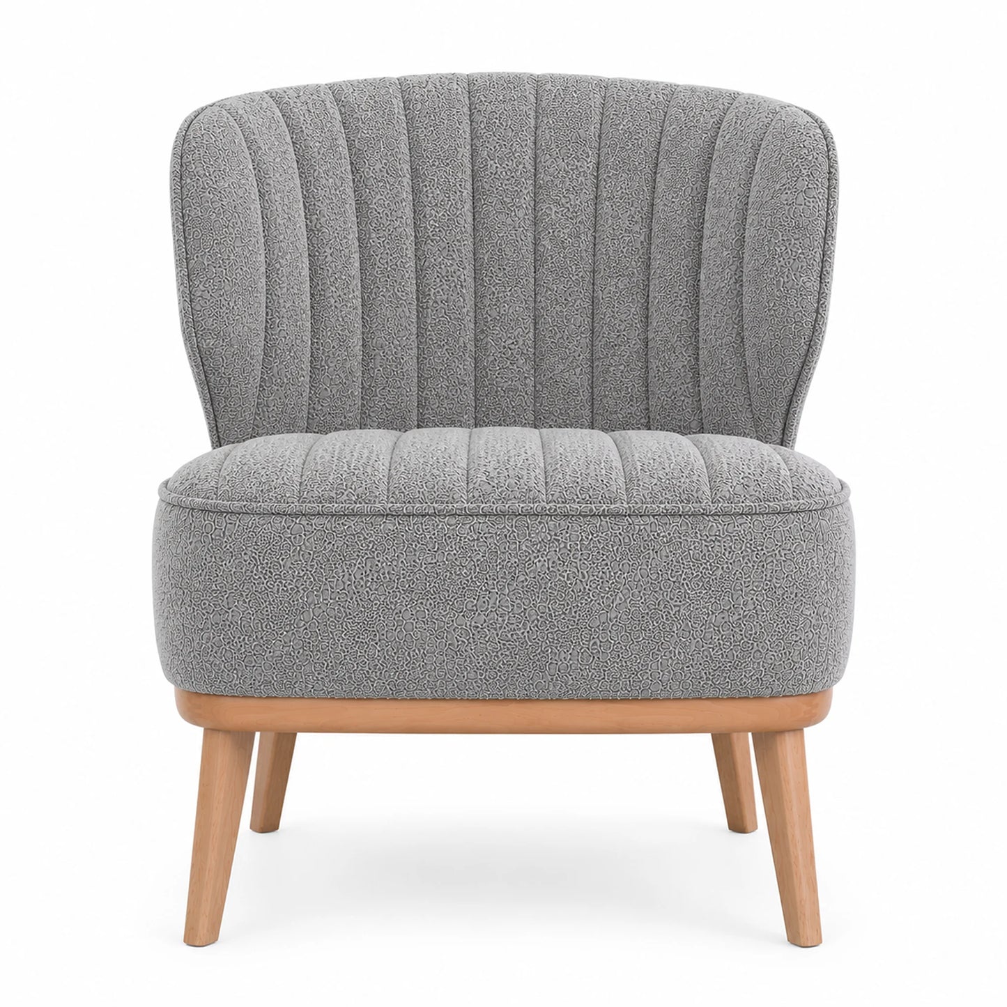 A modern gray upholstered accent chair with a vertically channel-tufted backrest and seat, supported by light natural wood legs, shown against a plain white background.