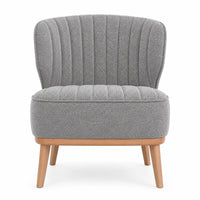 A modern gray upholstered accent chair with a vertically channel-tufted backrest and seat, supported by light natural wood legs, shown against a plain white background.