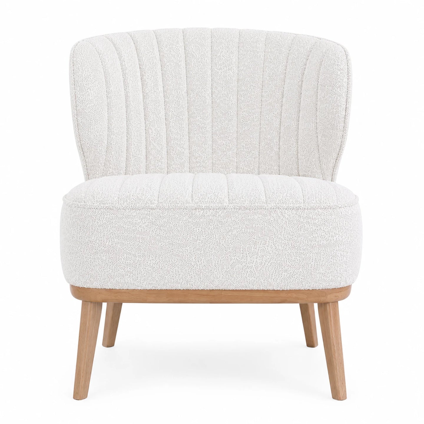 A modern accent chair upholstered in a textured cream bouclé fabric with vertical channel tufting on the backrest and seat, supported by light natural wood legs, shown against a plain white background.
