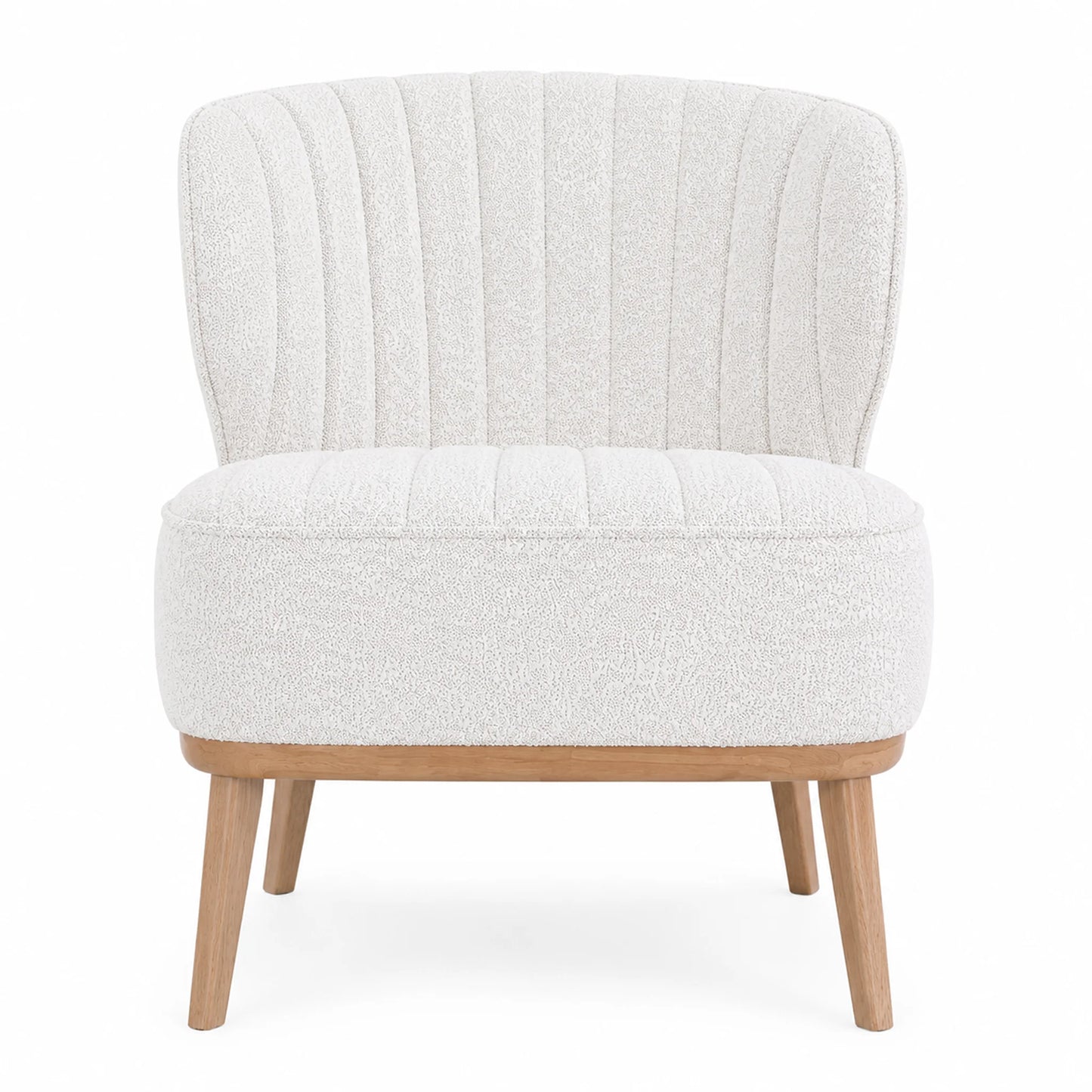 A modern accent chair upholstered in a textured cream bouclé fabric with vertical channel tufting on the backrest and seat, supported by light natural wood legs, shown against a plain white background.
