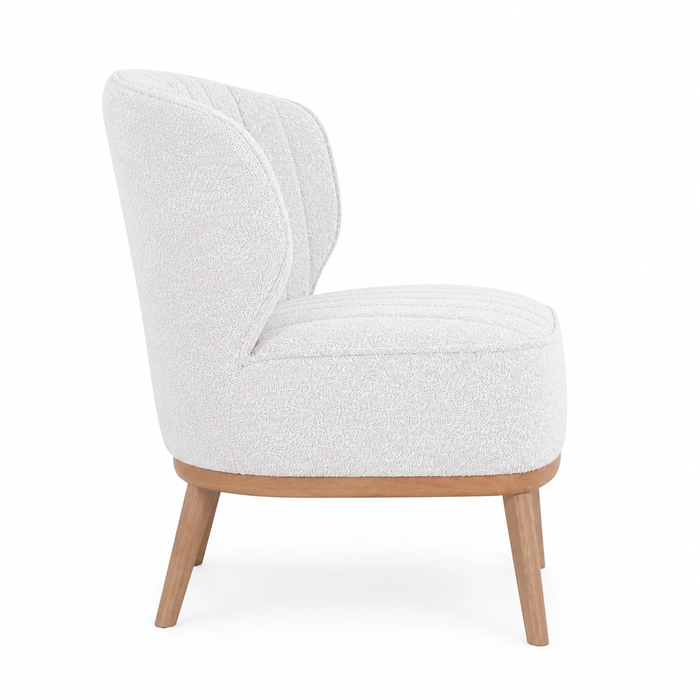 A modern accent chair with a textured white bouclé upholstered seat and curved backrest, supported by light natural wood legs, shown against a plain white background.