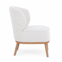 A modern accent chair with a textured white bouclé upholstered seat and curved backrest, supported by light natural wood legs, shown against a plain white background.