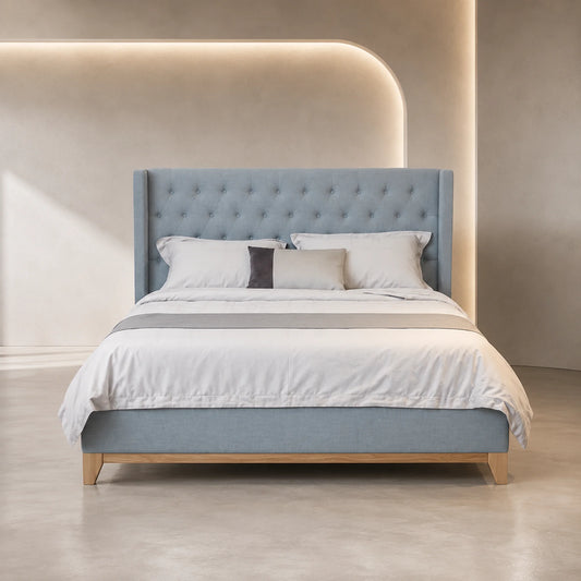 Colmar Light Grey Buttoned Fabric Bed Frame - QUEEN