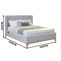 Gray upholstered bed with dimensions labeled on a white background