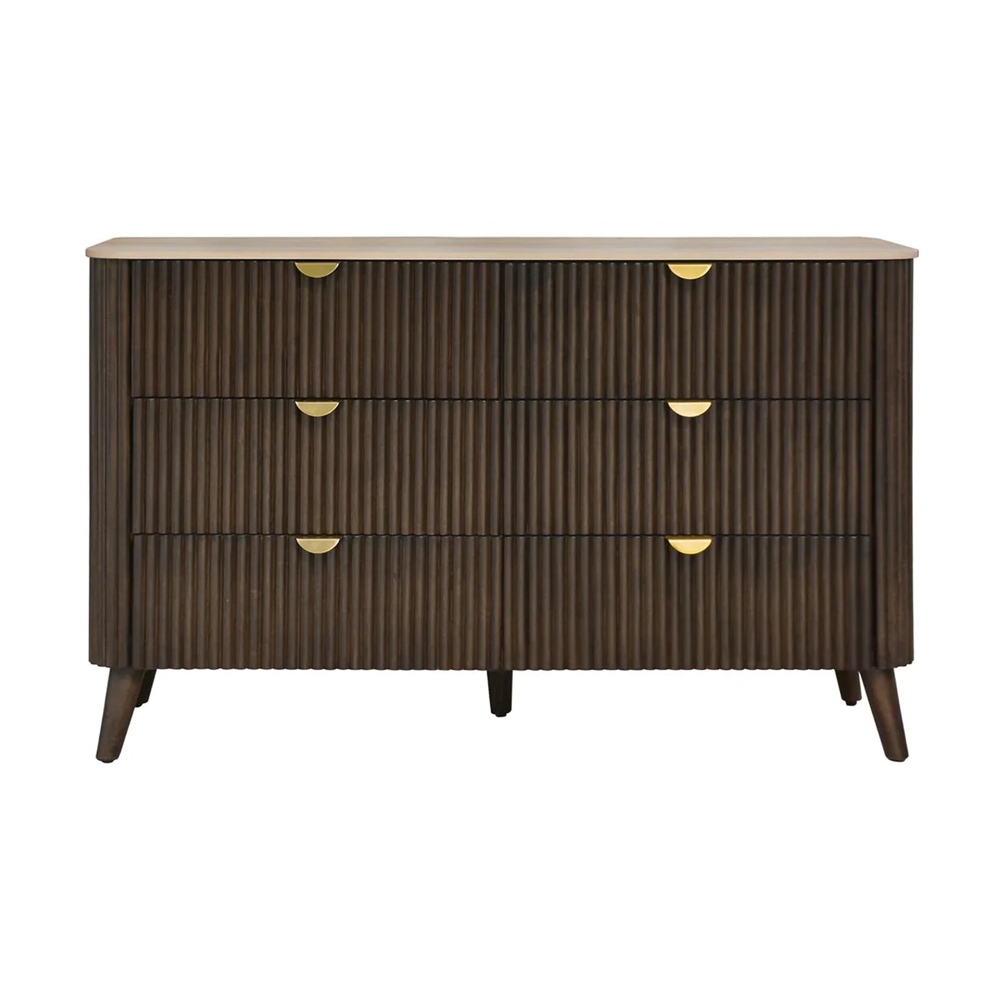 A mid-century modern six-drawer dresser with a dark brown fluted wood front, a light beige top, and small gold-finished round drawer pulls, shown on a plain white background.