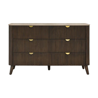 A mid-century modern six-drawer dresser with a dark brown fluted wood front, a light beige top, and small gold-finished round drawer pulls, shown on a plain white background.
