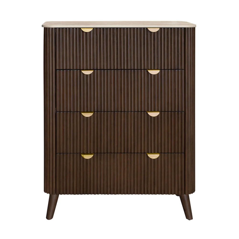 A mid-century modern chest of drawers with a dark brown fluted wood finish, a light beige wood top, and gold-finished drawer pulls, shown on a plain white background.