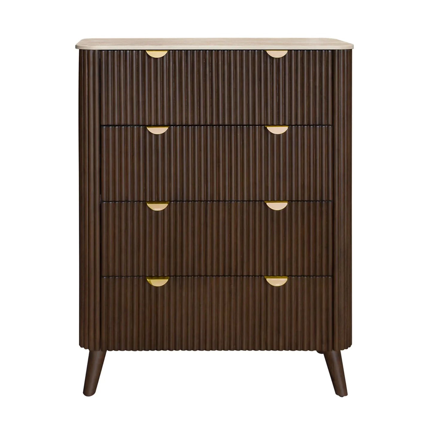 A mid-century modern chest of drawers with a dark brown fluted wood finish, a light beige wood top, and gold-finished drawer pulls, shown on a plain white background.