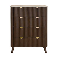 A mid-century modern chest of drawers with a dark brown fluted wood finish, a light beige wood top, and gold-finished drawer pulls, shown on a plain white background.