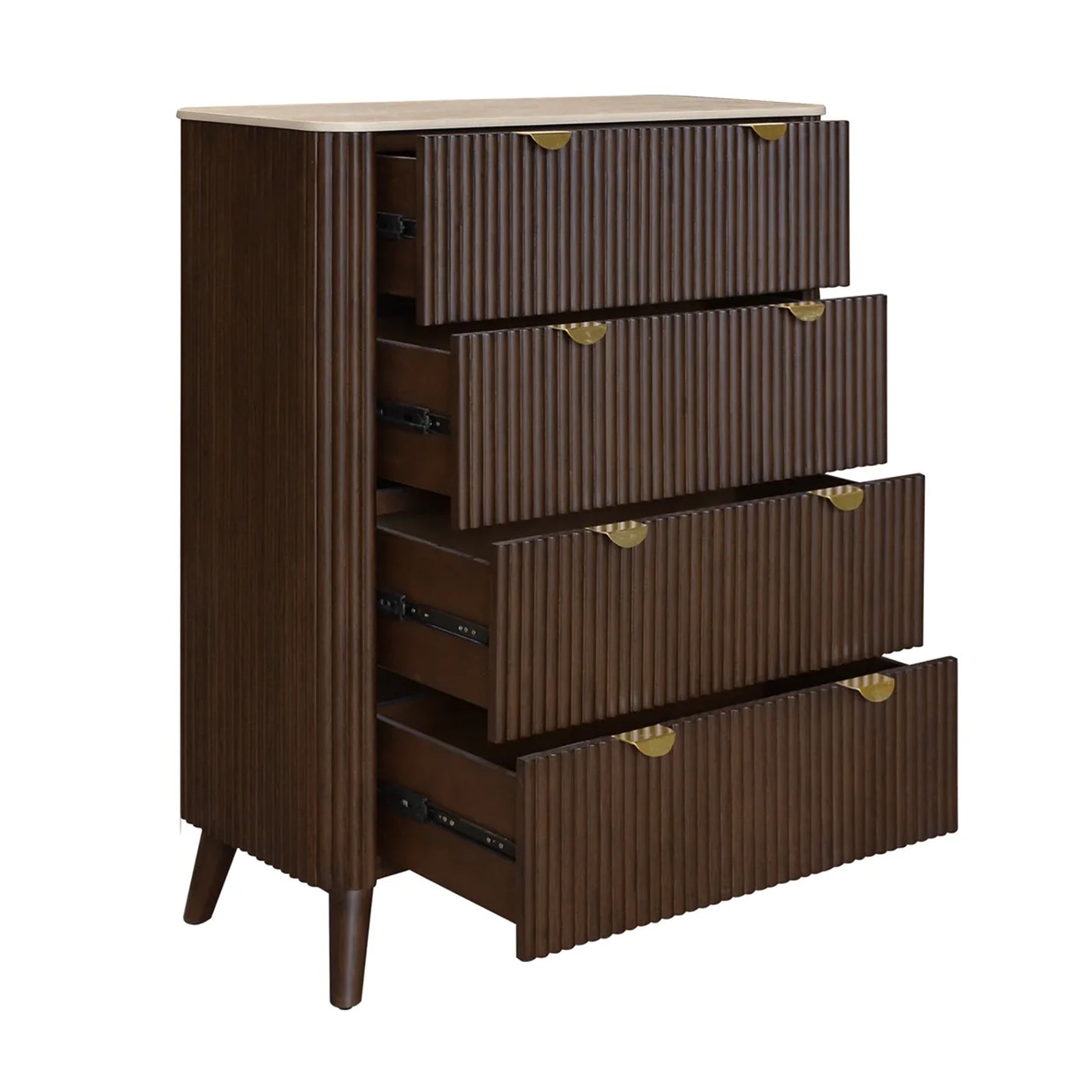 A mid-century modern 5-drawer chest of drawers in dark brown wood with fluted drawer fronts, a light beige wood top, and brass pull handles, shown on a white background.