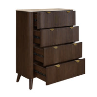 A mid-century modern 5-drawer chest of drawers in dark brown wood with fluted drawer fronts, a light beige wood top, and brass pull handles, shown on a white background.